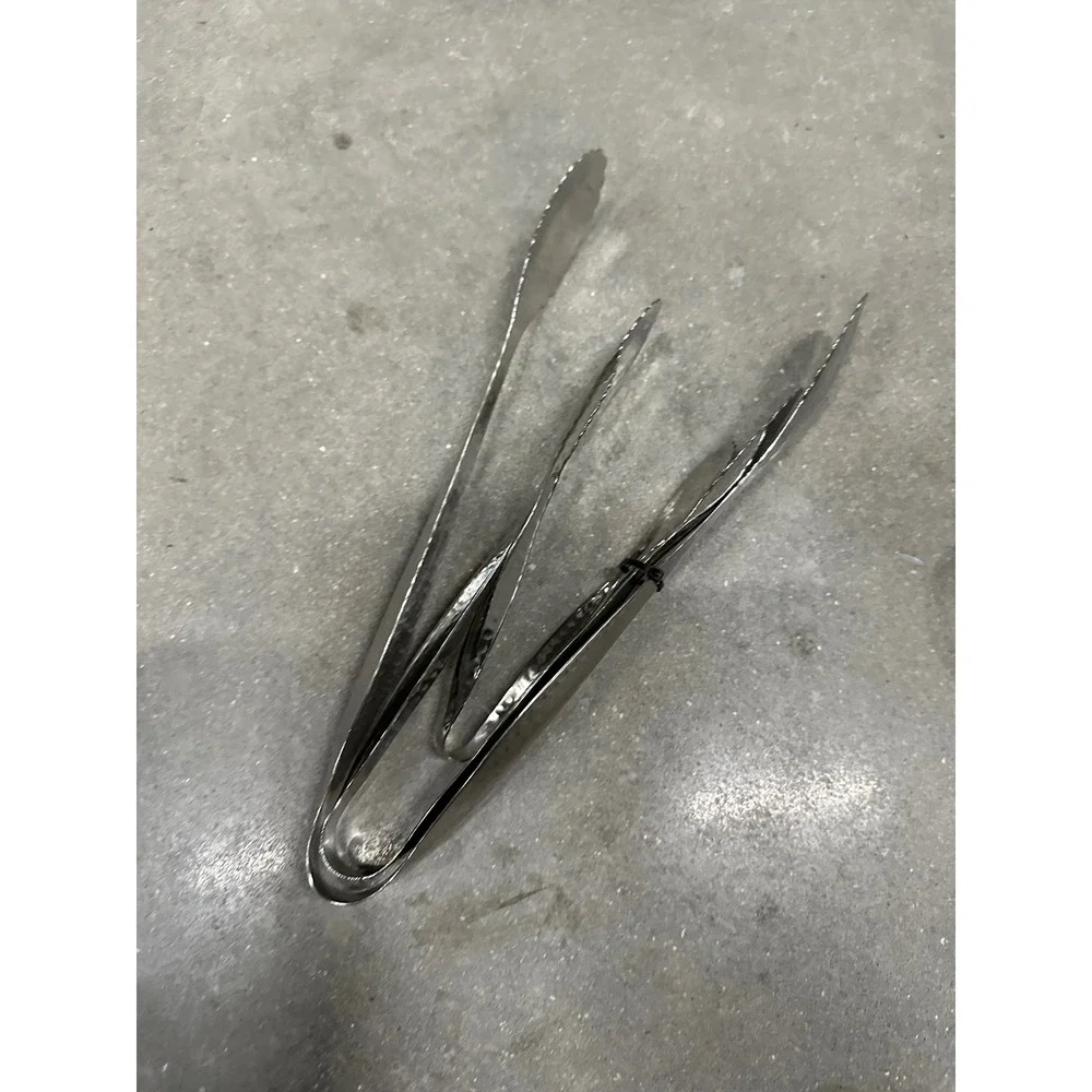 Hammered Silver Metal Serving Tongs Set of 2 Scalloped Edge Buffet Utensils